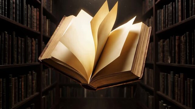 Surreal slow-motion video of an open floating old book turning blank pages in a dim library