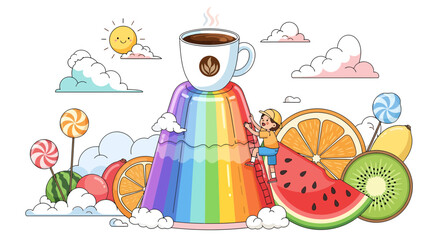 Fototapeta premium Coffee cup with rainbow waterfall and various fruits and candies.