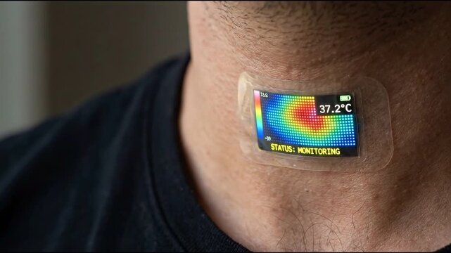 Smart wearable skin patch monitoring body temperature with colorful heat map display 37.2&deg;C and status monitoring applied to neck. flexible skin sensor patch displaying thermal map and temperature