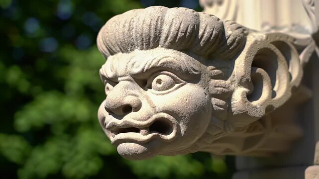 Detailed stone carving of a grotesque face with an angry expression part of architectural ornamentation against a blurred natural background showcasing gothic artistry and historical detail