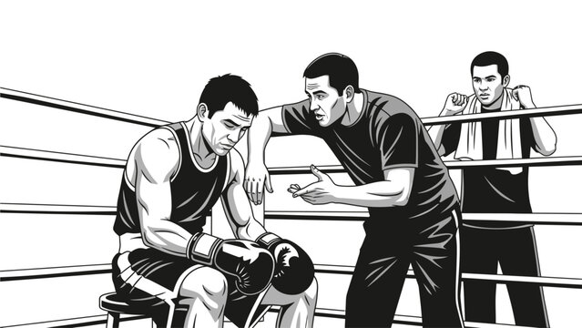 Illustration of a boxer sitting on a stool in a boxing ring while his coach gives advice and the referee stands in the background.