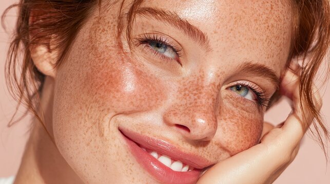 A close-up of a smiling woman with glowing skin and freckles, resting her face on her hand, showcasing natural beauty and radiant complexion.