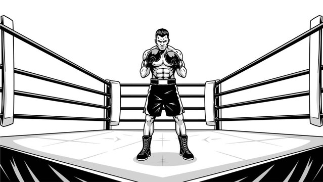 A male boxer in a fighting stance stands in the center of a boxing ring with ropes, in a black and white illustration with a bold, graphic style.