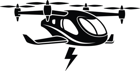 Futuristic black silhouette of an electric air taxi or passenger drone with multiple rotors and a lightning bolt symbol for green energy transport. © Dipali