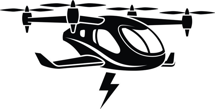 Futuristic black silhouette of an electric air taxi or passenger drone with multiple rotors and a lightning bolt symbol for green energy transport.