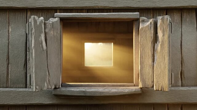 Weathered wooden barn window opening slowly, morning light flooding in, dust motes dancing, sense of awakening. Concept for heritage and tradition