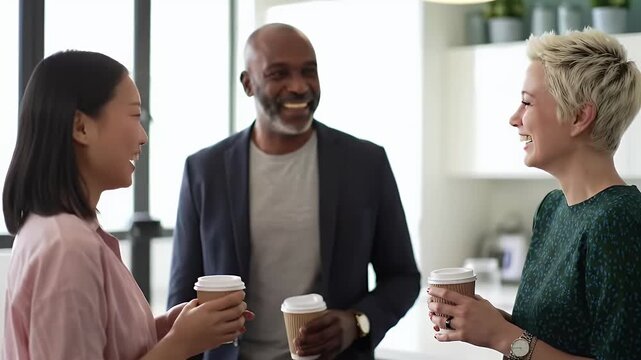 Diverse colleagues enjoying coffee and conversation in a modern office setting fostering collaboration networking and positive workplace relationships for business success