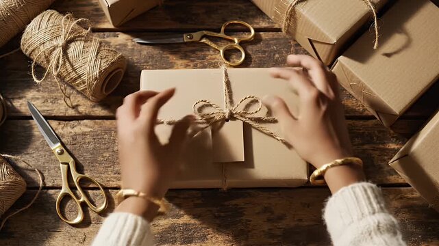 Preparing Cardboard Packages for Shipping - Hands are shown tying a twine bow on a wrapped cardboard package, getting it ready for shipping or gifting.