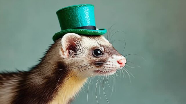 A cute and funny domestic ferret polecat wearing a festive green leprechaun top hat. Whimsical animal portrait for a st patricks day celebration or holiday greeting card