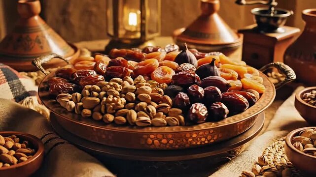 Luxury Dry Fruit Platter Dates Nuts Figs Apricots Raisins Moroccan Style Bowl Close-Up