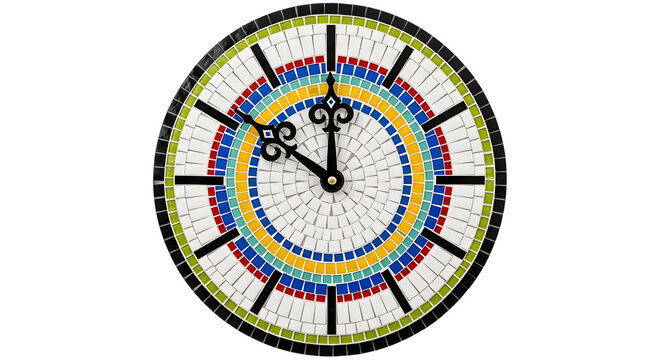 Colorful mosaic clock face in modern abstract style with bright multicolor tiles and black frame for interior design