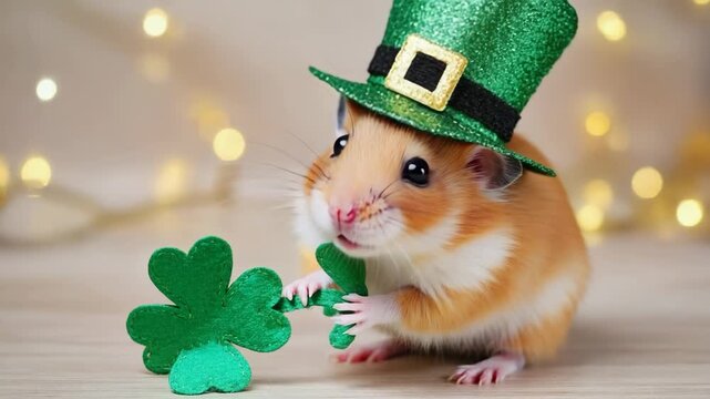 A funny hamster in a green glitter hat celebrates st patricks day. The small rodent holds a shamrock clover as a symbol of luck. Festive holiday concept for a greeting card or web banner