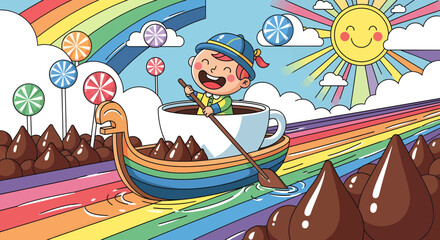Obraz premium Joyful child in a teacup boat paddling through a river of chocolate.