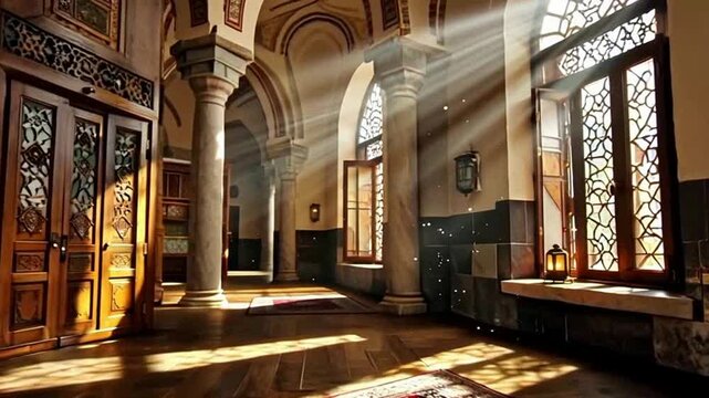 Interior of a historic building with eid celebration decorations, featuring arched windows, columns, and ornate wooden doors, bathed in warm sunlight with a festive mood.
