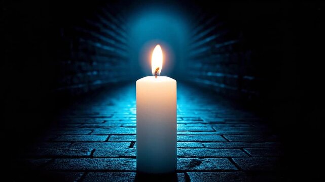 Single white candle burning brightly on dark brick floor with glowing blue light illumination creating mysterious calm atmosphere warm flame flicker closeup wax fire shadow glow light