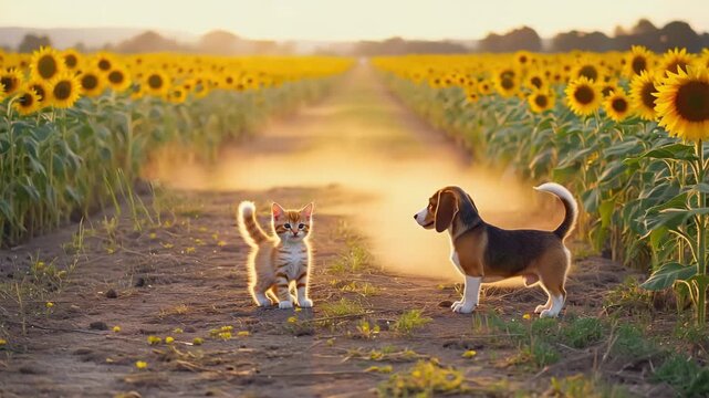 Playful ginger kitten and beagle puppy friends running on a dusty country road at sunset. Adorable pets enjoying a summer evening in a beautiful blooming sunflower field