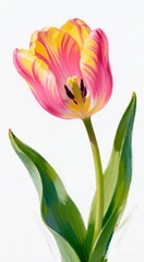 Fototapeta premium Vibrant Pink and Yellow Striped Tulip with Green Leaves