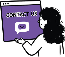 Naklejka premium Illustration of a woman presenting a purple screen with 'Contact Us' and a chat icon with a smiley face