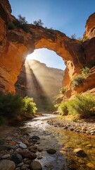 Natural Arch Over Flowing River with Sunbeams