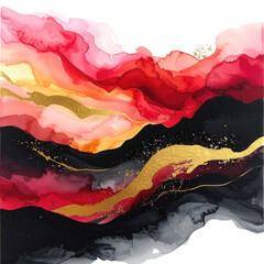 Abstract watercolor artwork blending vibrant red, gold, and black flowing shapes
