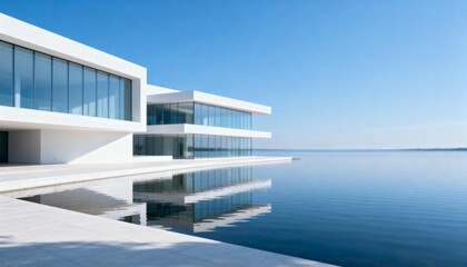 Obraz premium Modern Minimalist Waterfront Villa with Reflective Pool
