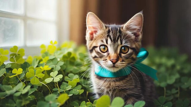 A cute little tabby cat wearing a festive turquoise ribbon sits among shamrock plants. St patricks day concept with a curious kitten. Composite banner of a domestic animal
