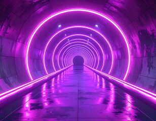 Vibrant Neon Tunnel with Glowing Lights and Reflective Surfaces