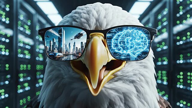 Futuristic Eagle Data Center - A bald eagle wears glasses reflecting a futuristic cityscape on one lens and circuitry representing a digital brain on the other, all set against the backdrop of a data