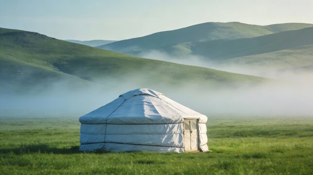 Yurt in Misty Mongolian Grassland
