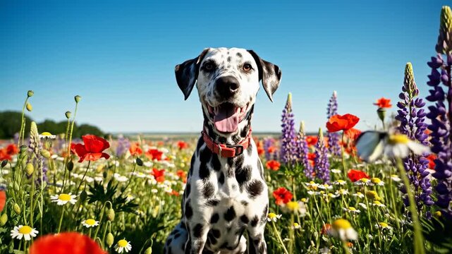 Dalmatian Dog Poses in a Field of Colorful Flowers.