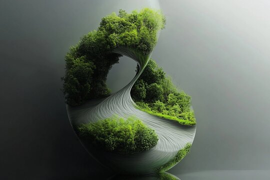 Surreal hourglass where flowing sand transforms into a lush landscape