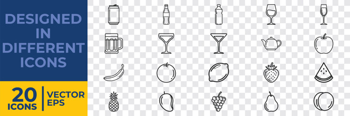 Fototapeta premium A collection of 20 minimalist flat vector icons depicting food, beverages, and dining items in a clean, modern style. Ideal for graphic design projects.
