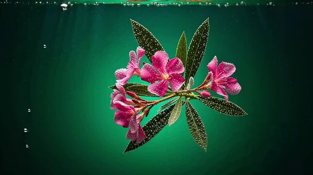 Vibrant pink oleander flower cluster suspended beautifully underwater surrounded by rising air bubbles against deep teal