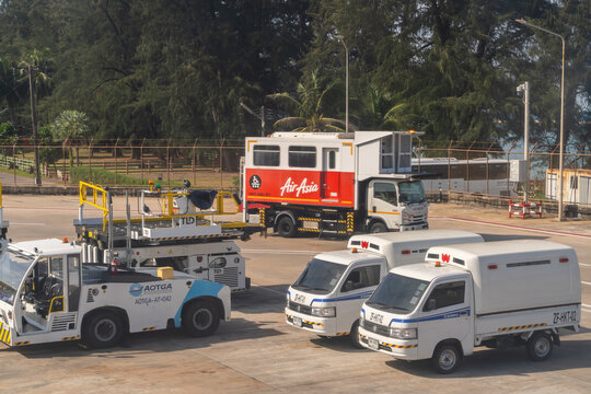 Phuket, Thailand, January 6, 2026: GSE ground support equipment at the airport. ambulift, which is used for boarding and disembarking passengers with disabilities, tractors and trucks for luggage.