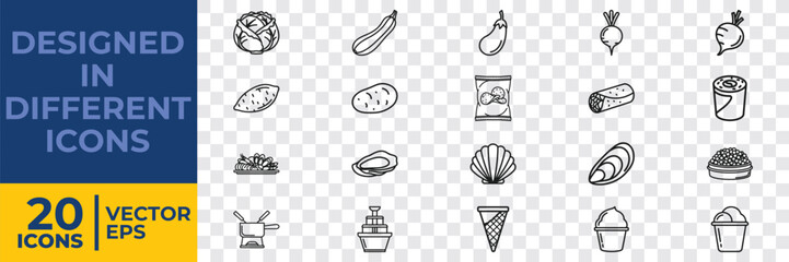 Fototapeta premium A collection of 20 flat vector icons designed in various themes, including food, travel, and objects, ideal for graphic projects and illustrations.