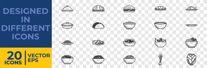 A collection of 20 minimalist flat vector icons depicting various foods, kitchen items, and dining utensils in a clean, modern design style.