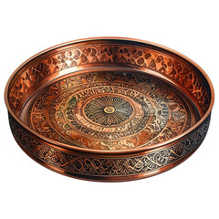 Ornate copper platter, featuring engraved floral patterns and geometric designs, set against dark background