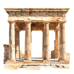 A watercolor-style depiction of a classical Greek temple with Doric columns, showcasing architecture
