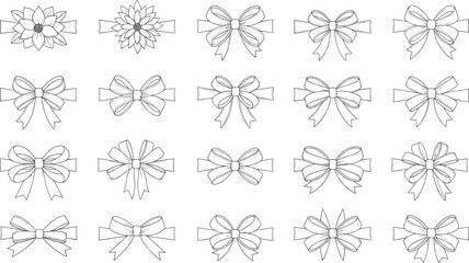 Collection of Twenty Black‑and‑White Decorative Bows and Floral Ribbon Designs in Varied Styles for Fashion, Gift Wrapping, and Graphic Design