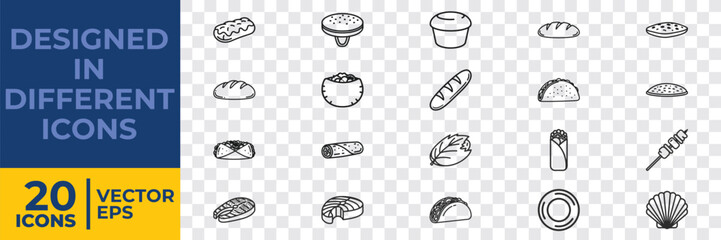 A set of 20 minimalist flat vector icons depicting various foods, kitchen items, and utensils in a clean, modern design style.