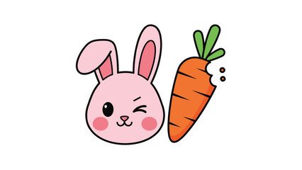Obraz premium Adorable pink bunny face with a winking expression next to a single orange carrot that has a bite taken out of its side on white.