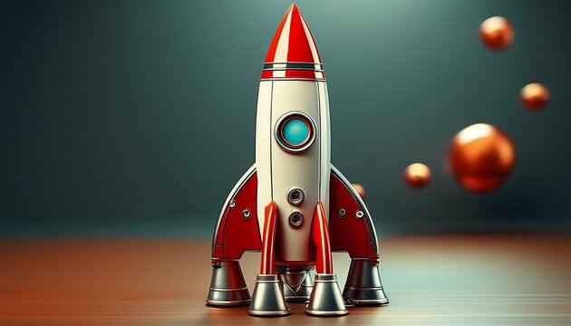 retro red and white toy rocket with metallic details ready for a space adventure