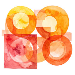 Watercolor abstract geometric composition with overlapping circles and squares in fiery orange hues