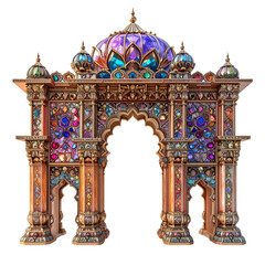 Ornate jeweled archway with colorful stained glass, topped with a dome