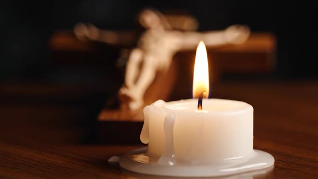 Candle Burning in Front of a Crucifix - A Symbol of Faith.