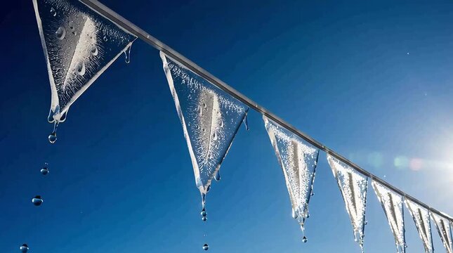 Frozen triangular flags hanging from a metal wire against a clear blue sky on a cold winter day outdoors.