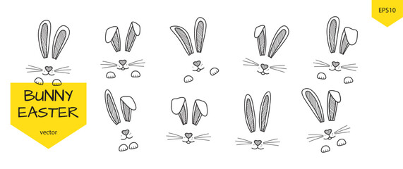 Rabbit ears, bunny face line drawn. Easter doodle whisker and paw, funny animal head outline set isolated on white background. Black spring character. Simple holiday vector illustration © Sylfida