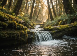 Obraz premium Serene Forest Stream with Mossy Logs and Golden Sunlight Filtering Through Lush Green Trees