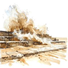 Watercolor illustration depicting steps, with water crashing over them, creating a wave effect