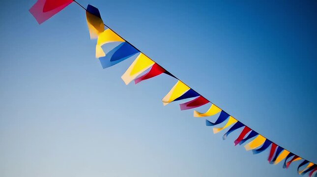 Colorful triangular party flags on a string decoration against a clear blue sky outdoor event scene